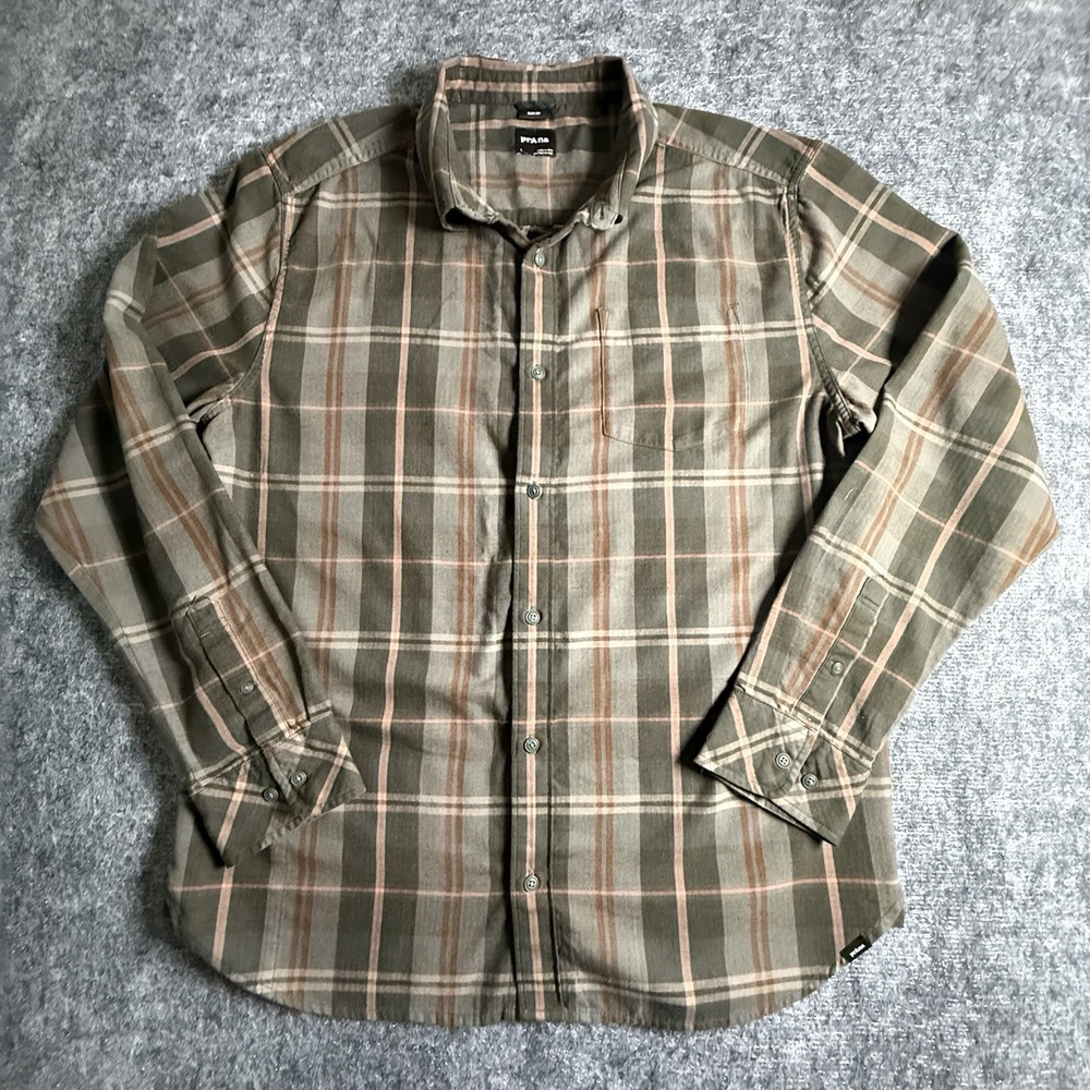 prAna Los Feliz Flannel Shirt Mens Large Slim Fit Plaid Organic Cotton